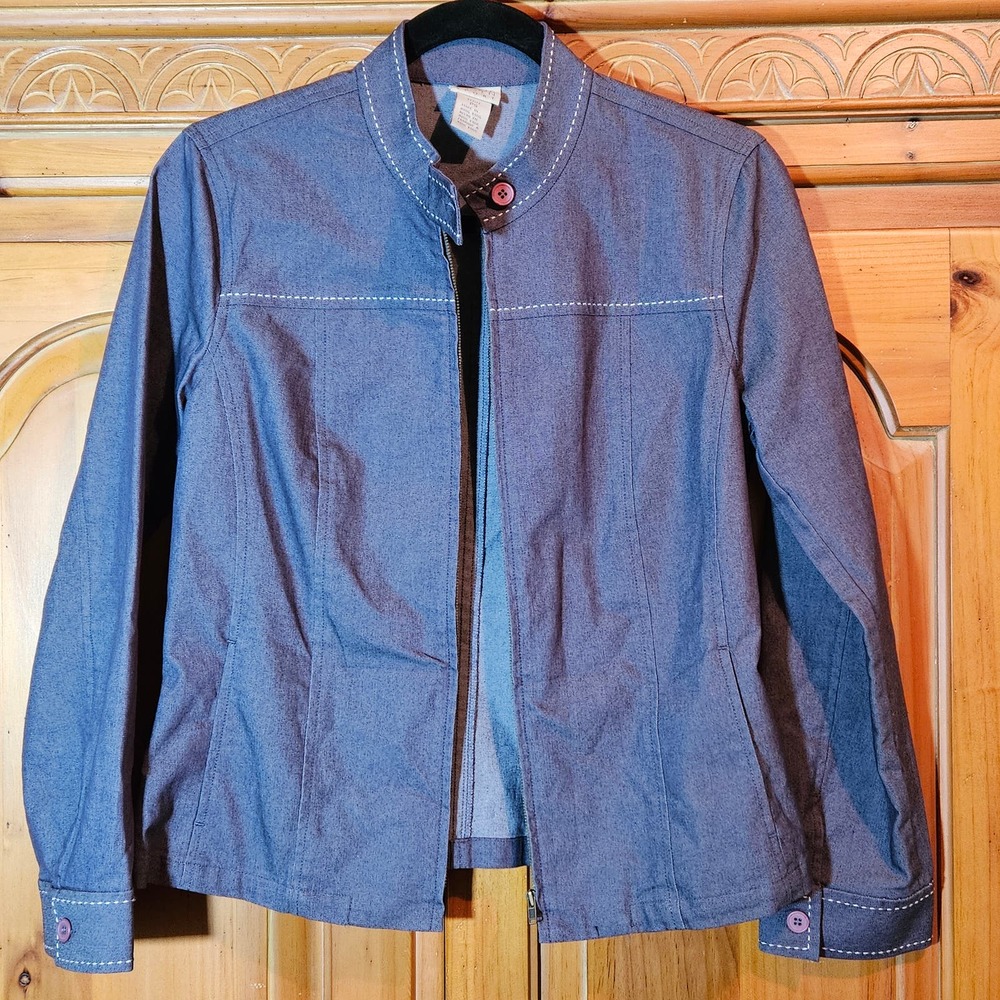 Women's Blue Denim-Look Sigrid Olsen Sport Zip Up Jacket Size Petite Small - Picture 3 of 11